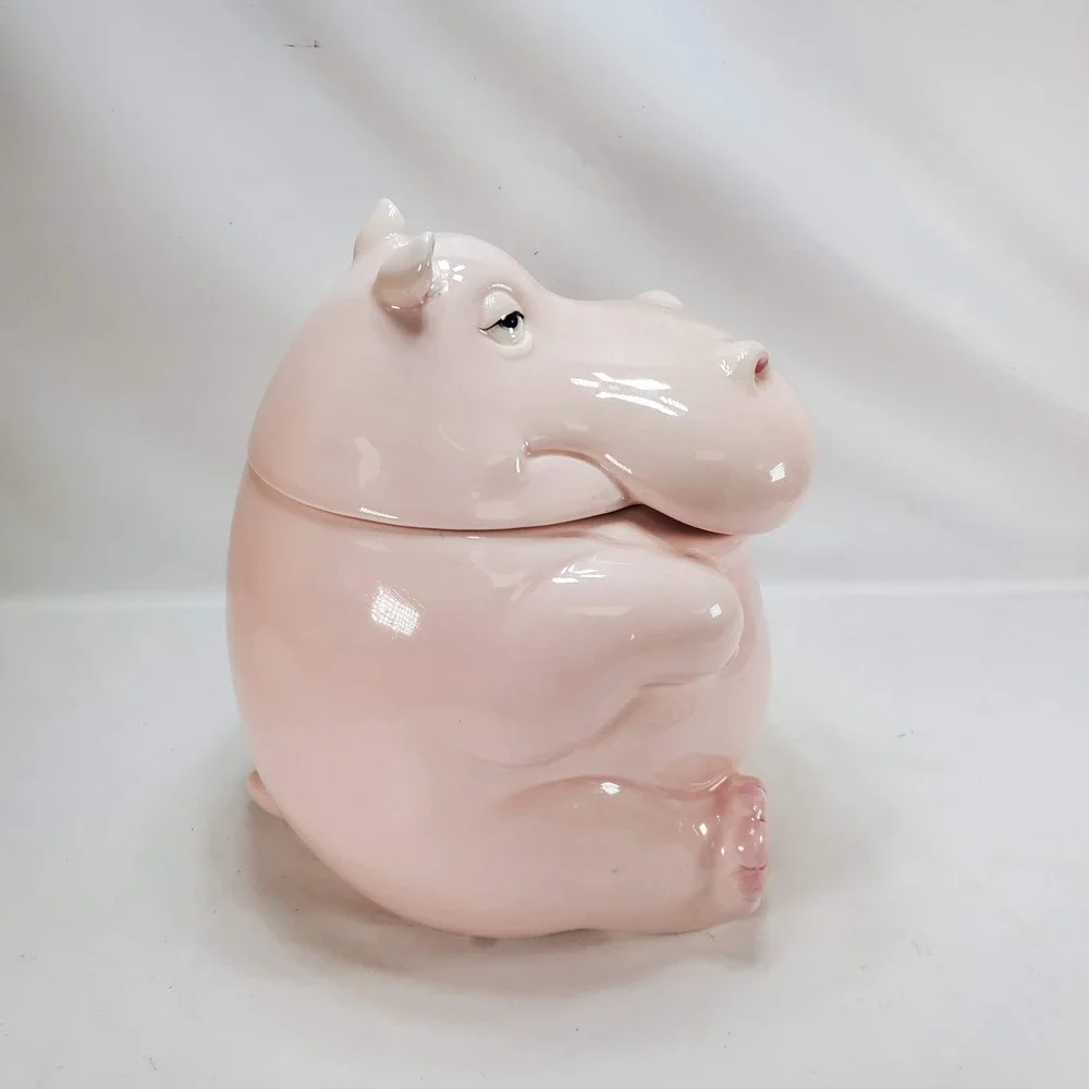 Fitz Floyd Hippo Cookie Jar Pink Vintage 1980 Japan Hand Painted Kitsch Ceramic